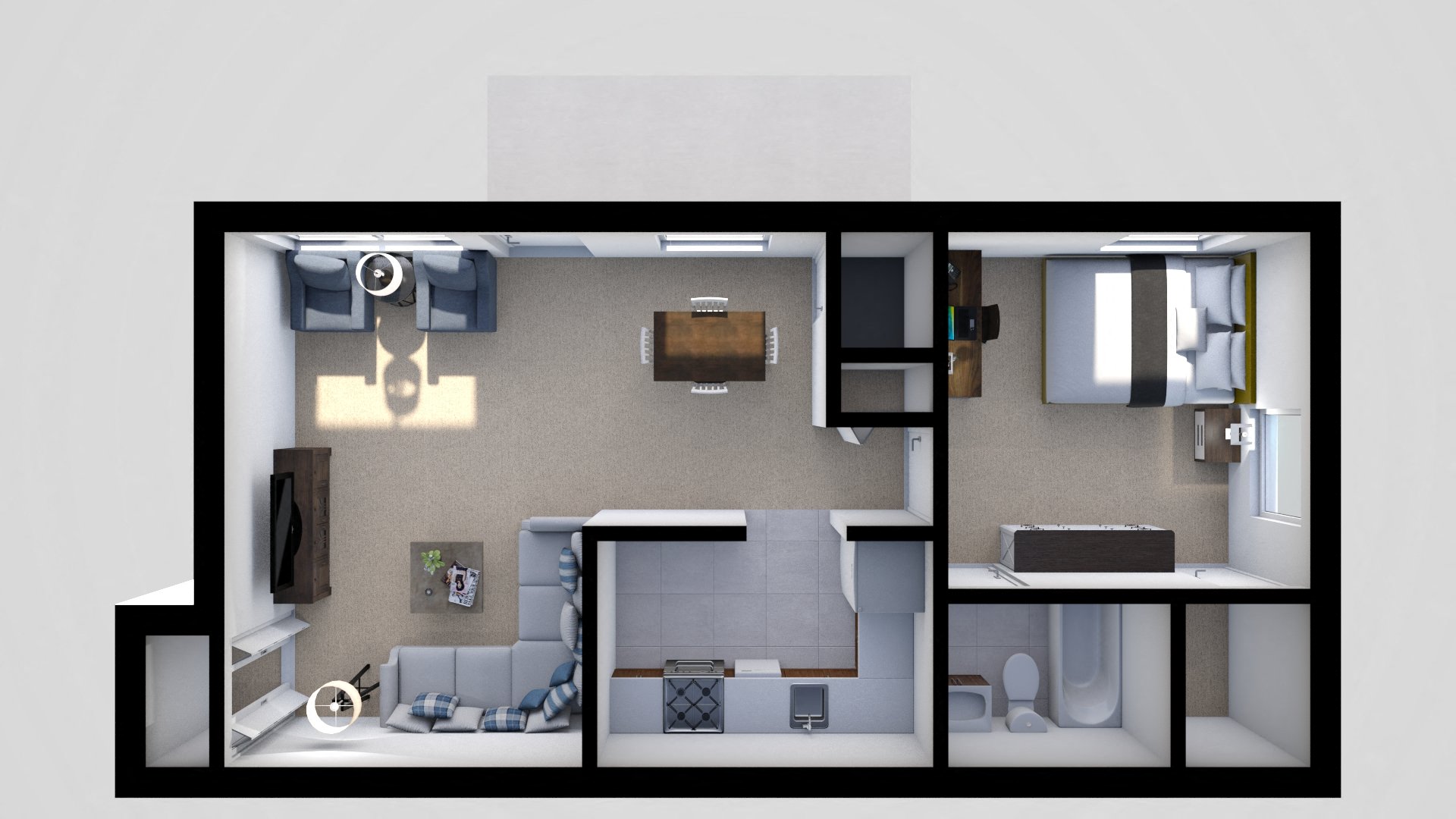 Floor plan for 1 bed, 1 bath, 603 sqft